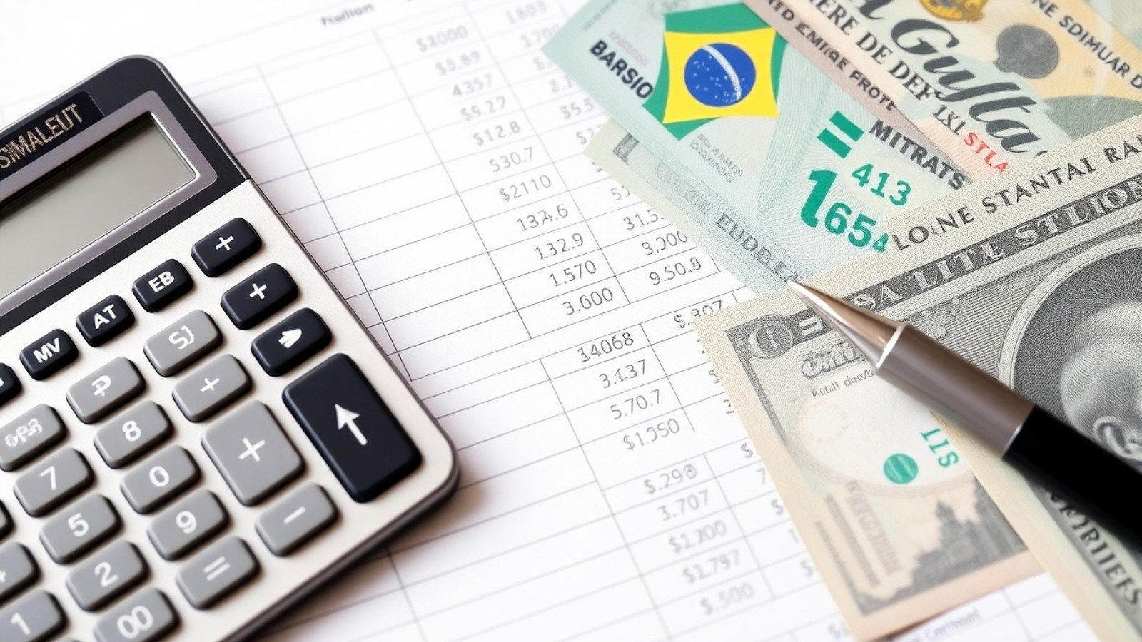 planilha calculadora e dinheiro simulacao