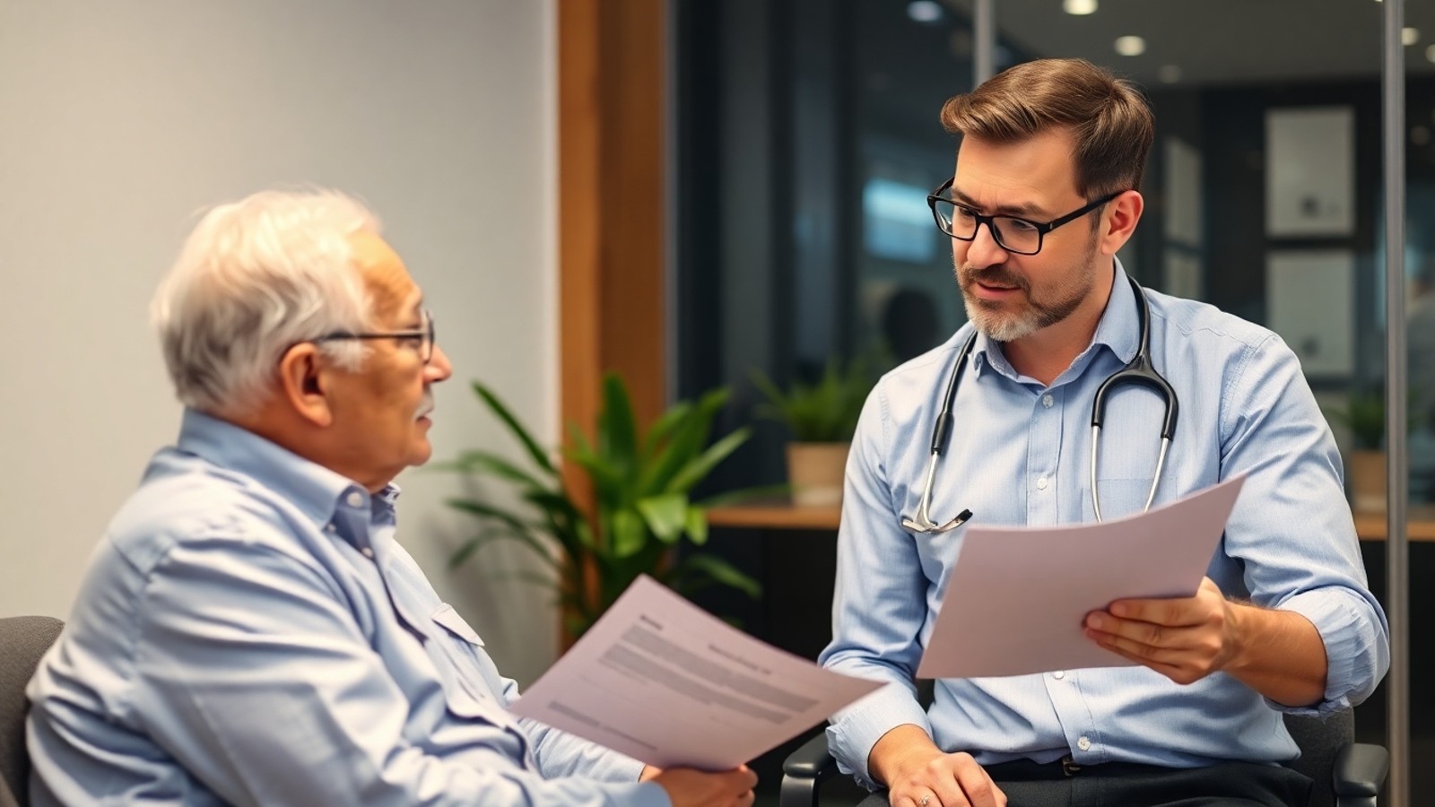 consultor explicando seguro senior idoso